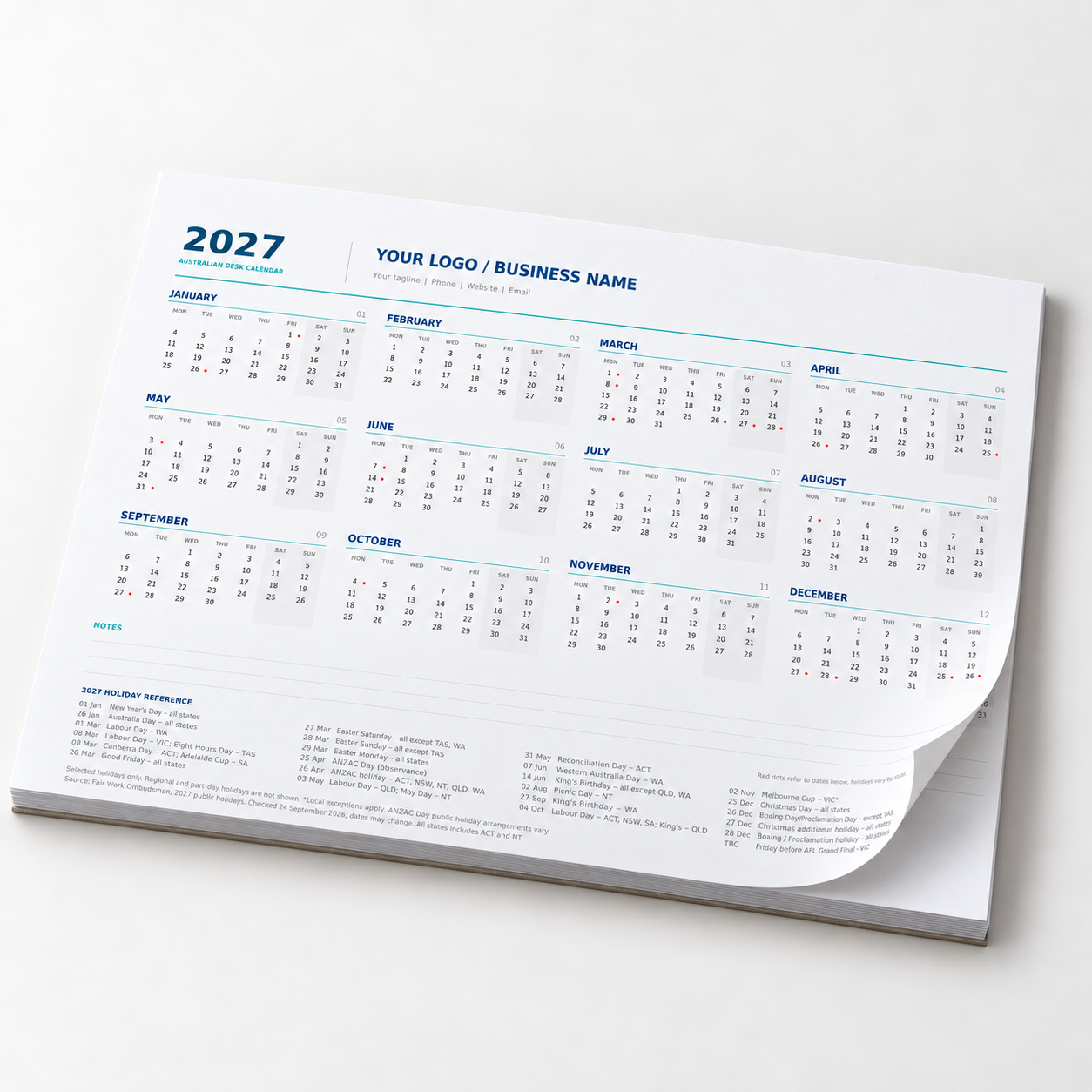 2027 A3 Calendar Desk Pads – Custom Printed